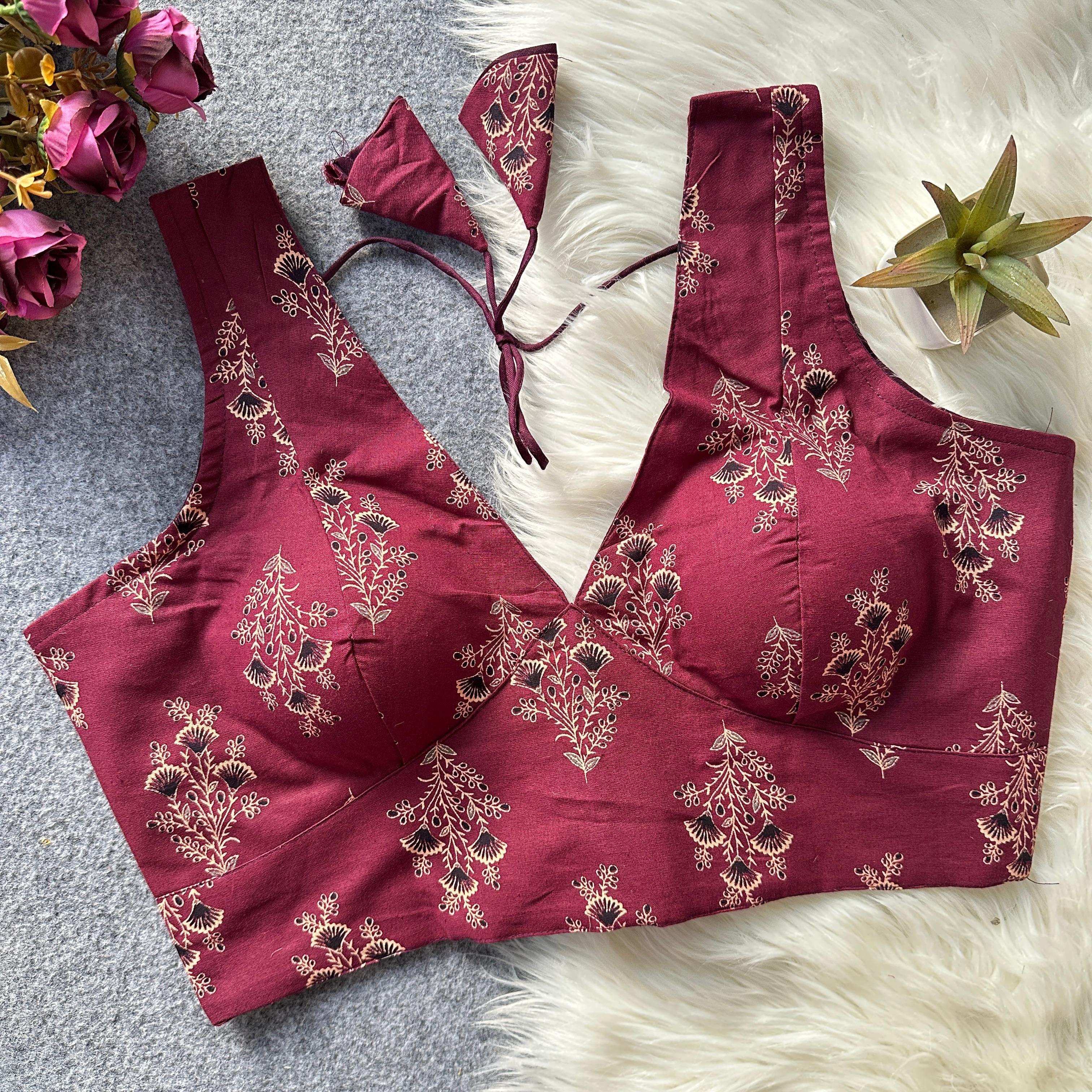 Pure Ajrakh Handblock Cotton Blouse-Include attachable blouse sleeves-Maroon